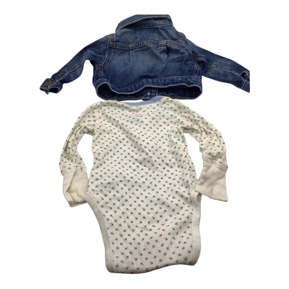 Lot of 2 OshKosh Baby Girl Size 6 Months Floral White Bodysuit Denim Blue Jacket